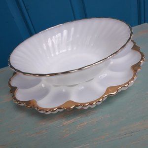 Milk Glass Bowl Egg Dish Set Gold Rimmed Vintage Fire King White Anchor Hocking